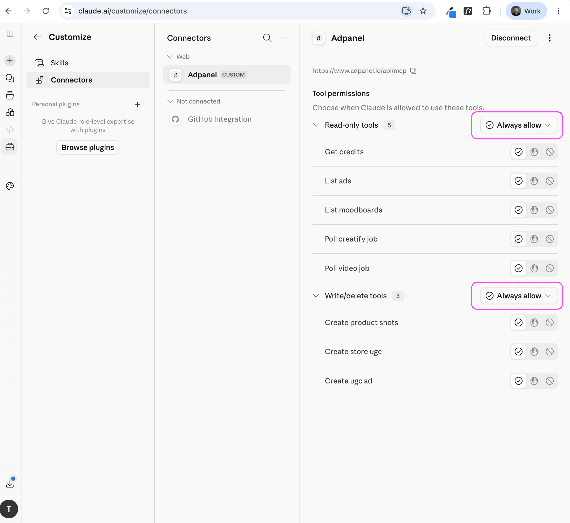 Claude AdPanel connector settings showing tool permissions set to Always allow